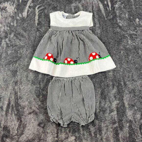 Vtg Samara Girls 18 Month Two-Piece Outfit Gingham Black White Ladybug Dress - Picture 1 of 12